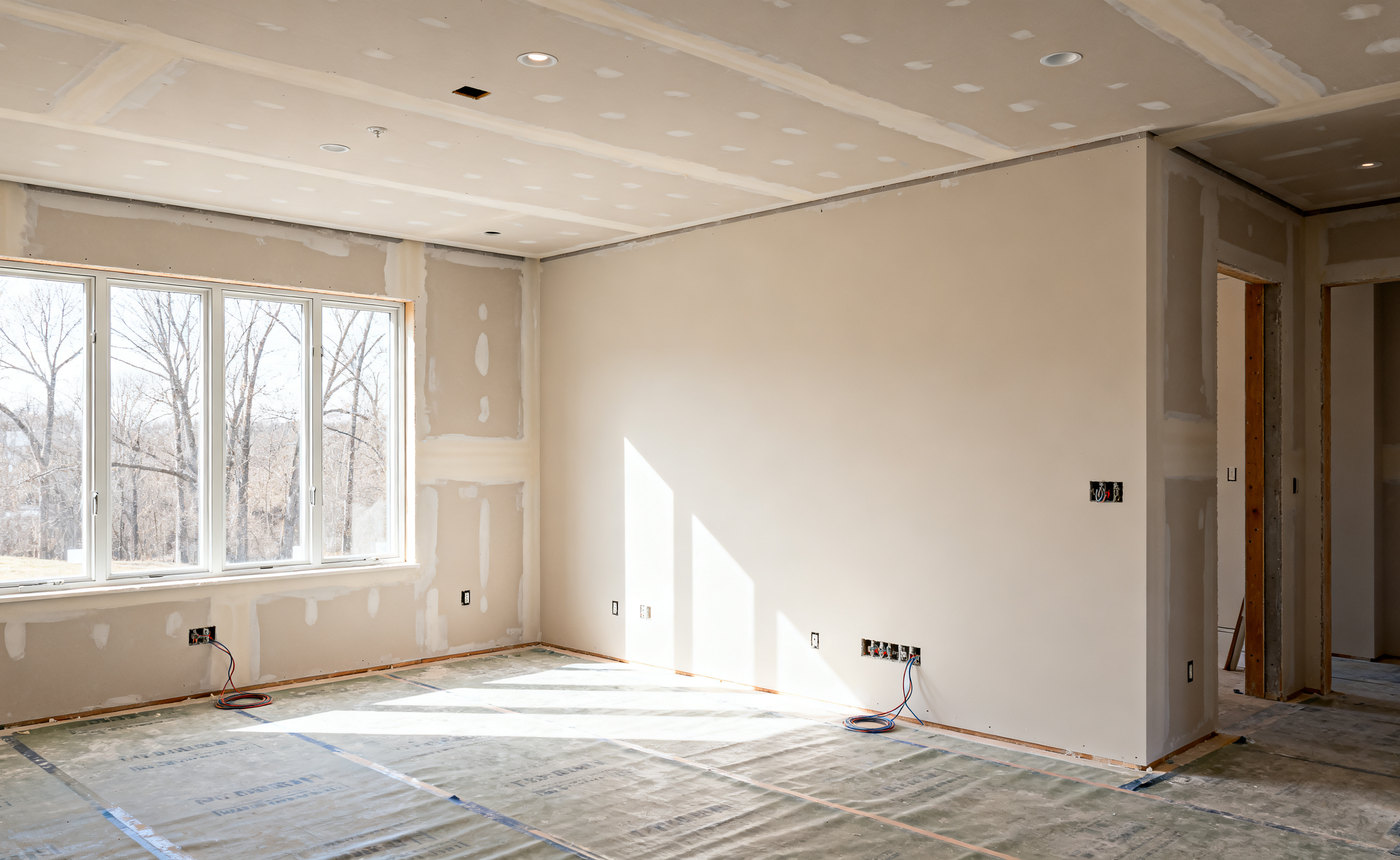 Residential room with new drywall taped and ready for paint